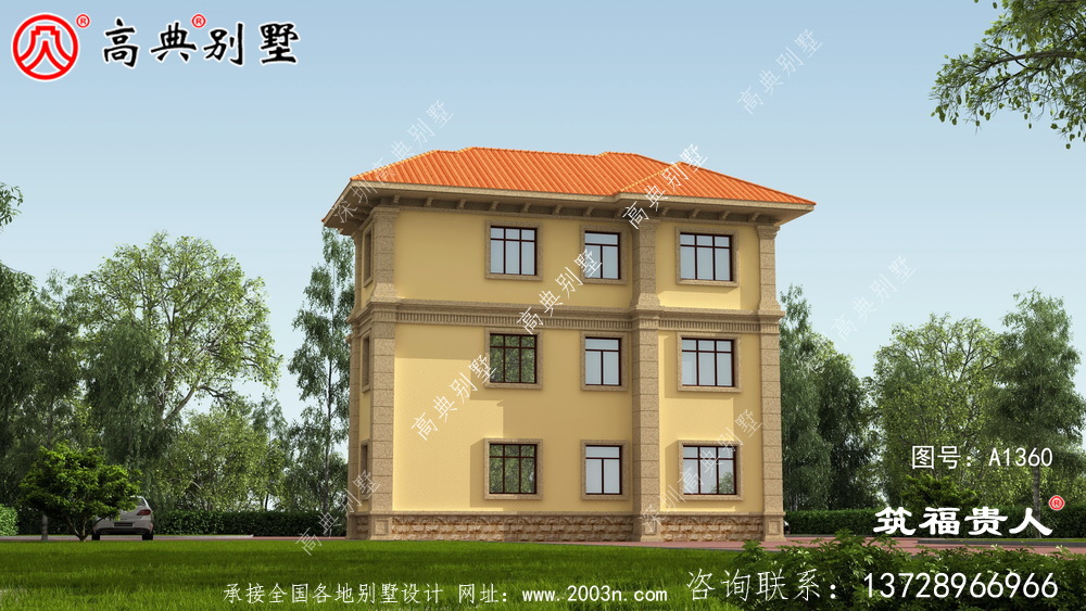 三层别墅图，欧式外观米黄色外墙喷涂效果好看极了。